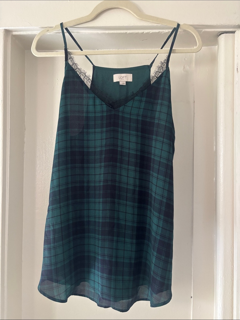 LOFT Green and Navy Plaid Lace-Trim Slip Cami